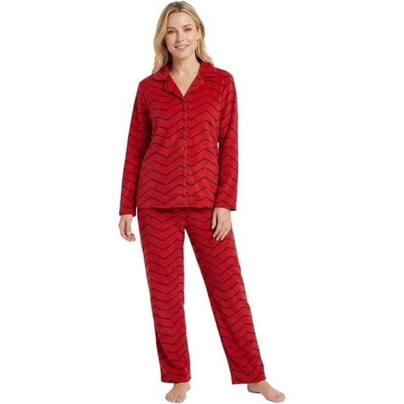 Noble Mount Pajamas Women Size Medium Microfleece Long Sleeve Black Red Chevron - Picture 9 of 9